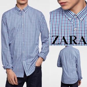 ZARA Men's Plaid Slim Fit Shirt Turquoise Blue